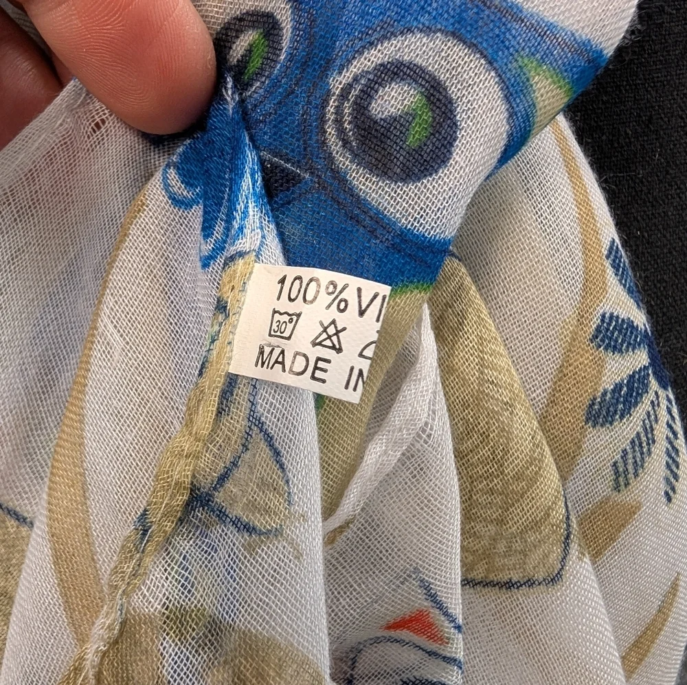 Floral Owl Print Scarf White Blue and Red 69